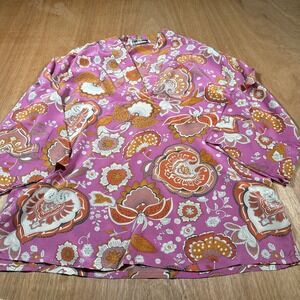 Sigrid Olsen Signature Tunic Women Large Pink Floral Paisley 100% Silk V-Neck